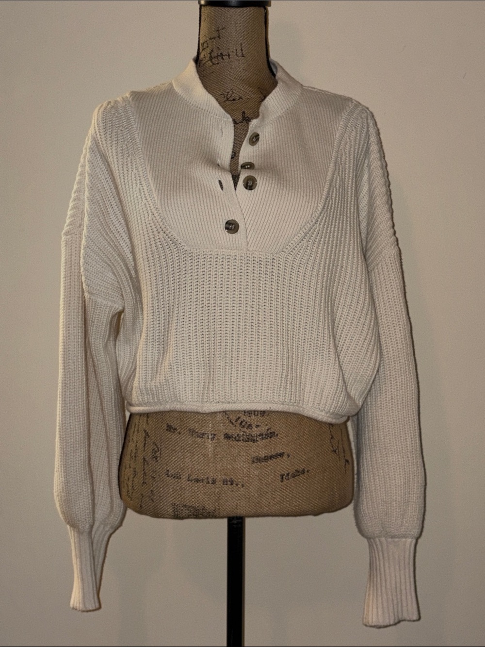 Cream Ribbed Button-Neck Women's Sweater
